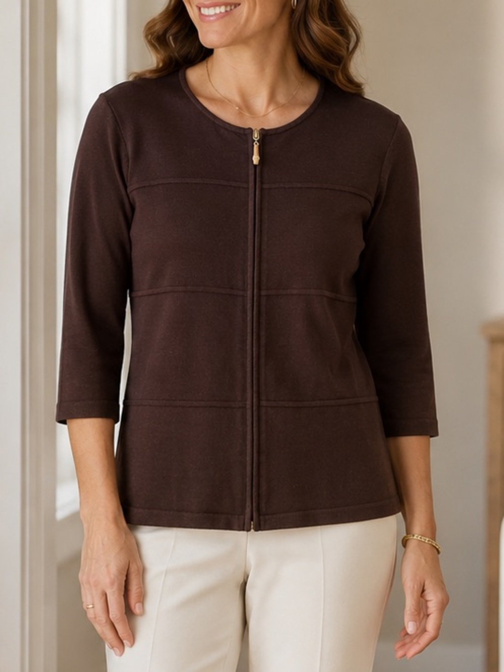 Jones New York Brown Zip Up Bamboo Pull Mercerized Cotton Cardigan Minimalist